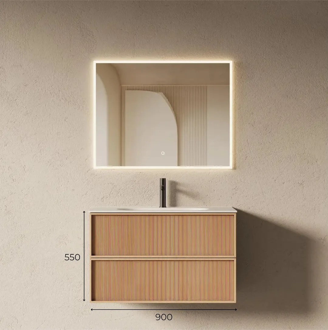 Schéma technique Meuble salle de bain 90cm suspendu chêne naturel avec façade cannelée et plan vasque résine minérale mate blanche