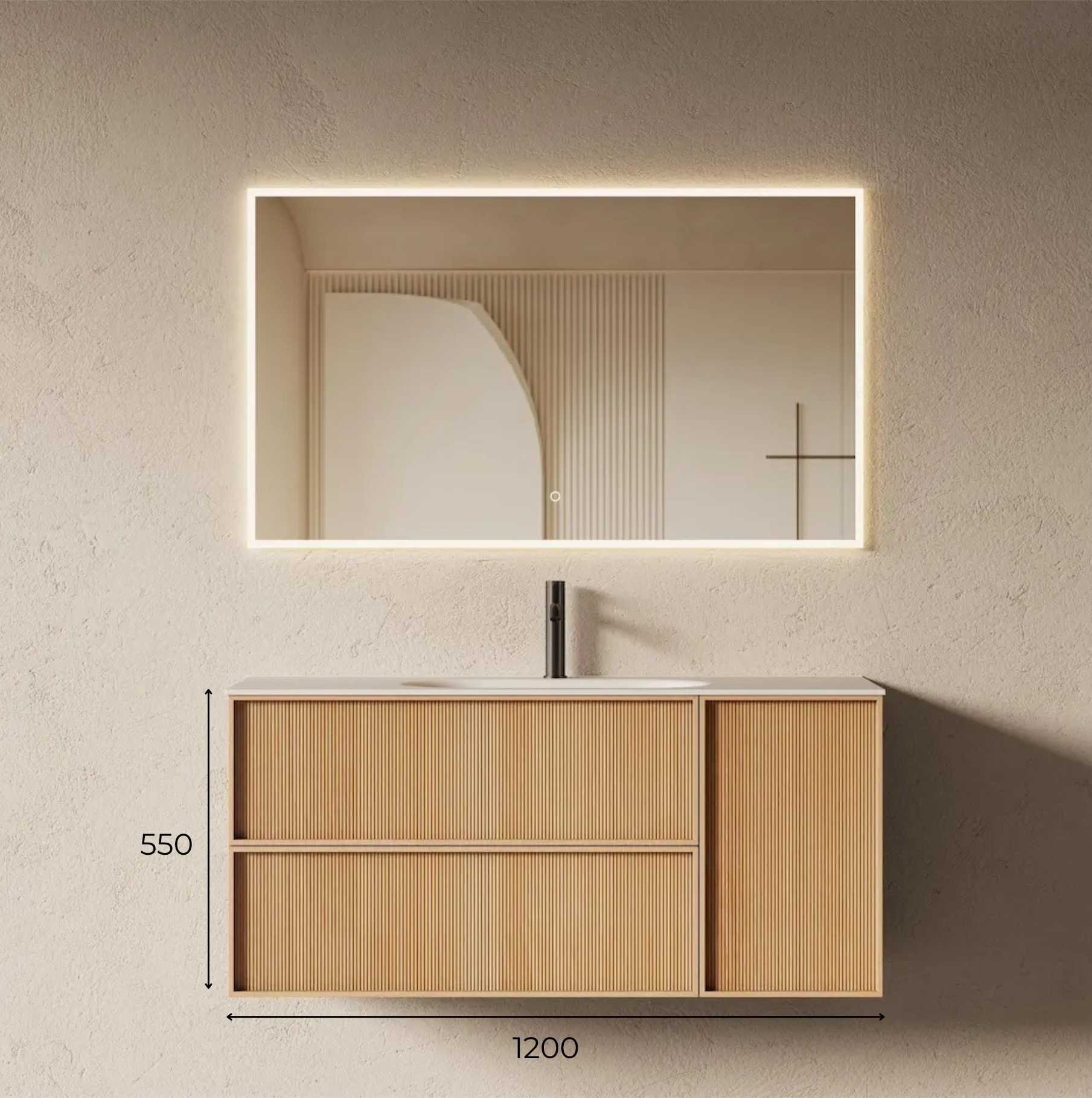 Schéma technique Meuble salle de bain 120cm suspendu en chêne naturel avec façade cannelée et plan vasque résine minérale.