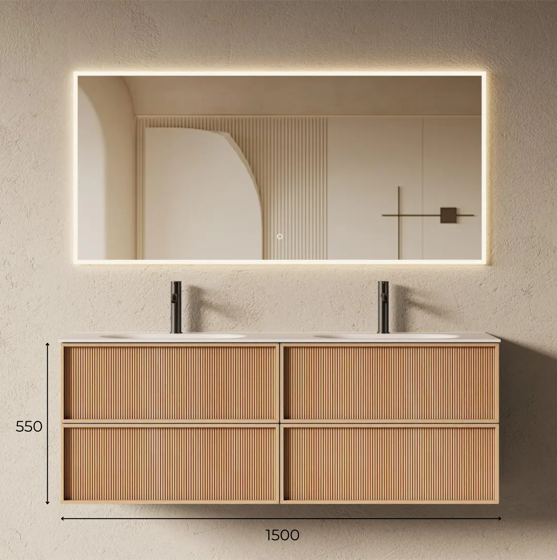 Schéma technique Meuble salle de bain 150cm suspendu en chêne naturel avec façade cannelée et plan double vasque résine minérale mate