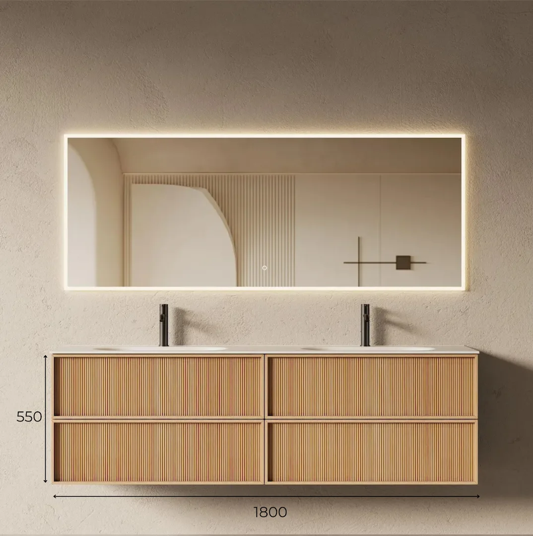 Schéma technique Meuble salle de bain 180cm suspendu en chêne naturel avec façade cannelée et plan double vasque résine minérale mate.