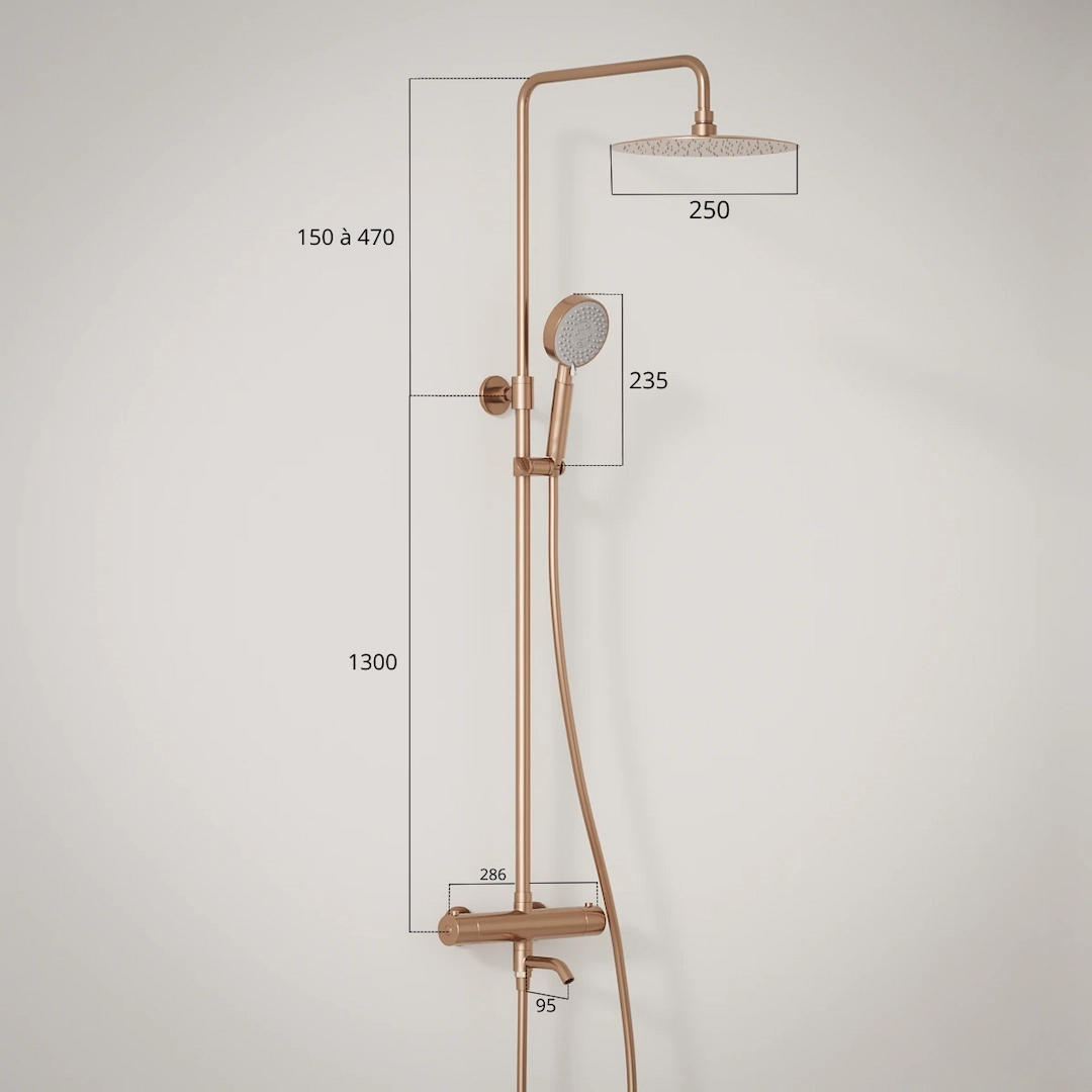 Schéma technique du produit Colonne bain-douche Châtelet III, 25cm, en doré rose brossé avec douchette tube. Élégance et performance pour votre salle de bain.