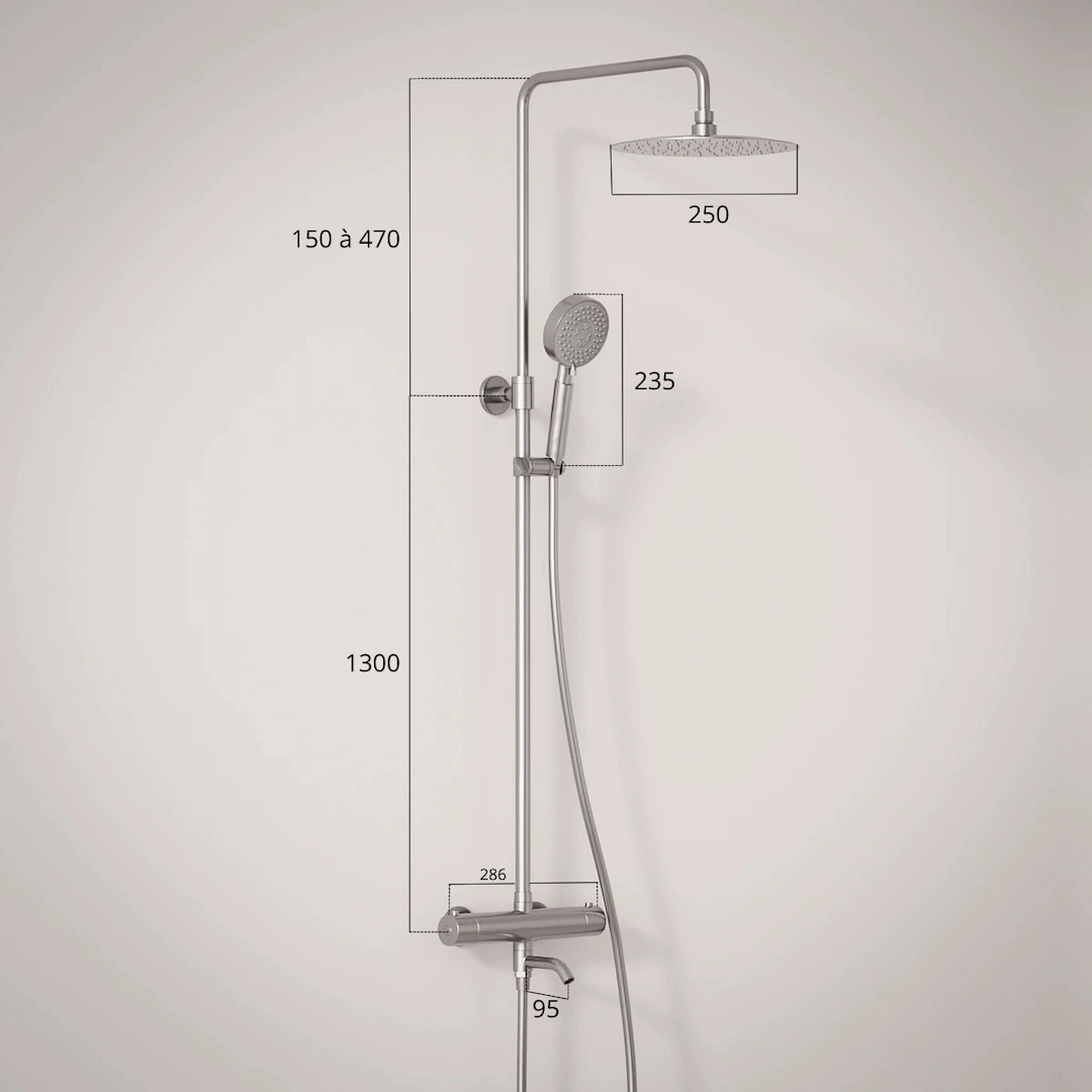 Schéma technique Set de douche avec douchette, support et flexibles inclus inox brossé