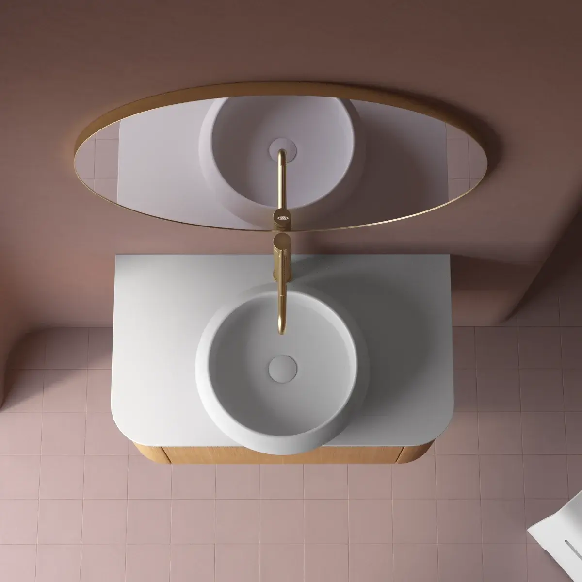 Meuble suspendu 80 cm, placage naturel chêne miel avec plan en résine minérale blanc mat, Anna