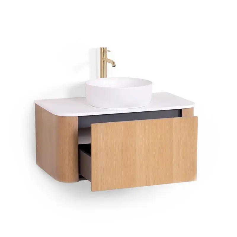 Meuble suspendu 80 cm, placage naturel chêne miel avec plan en résine minérale blanc mat, Anna