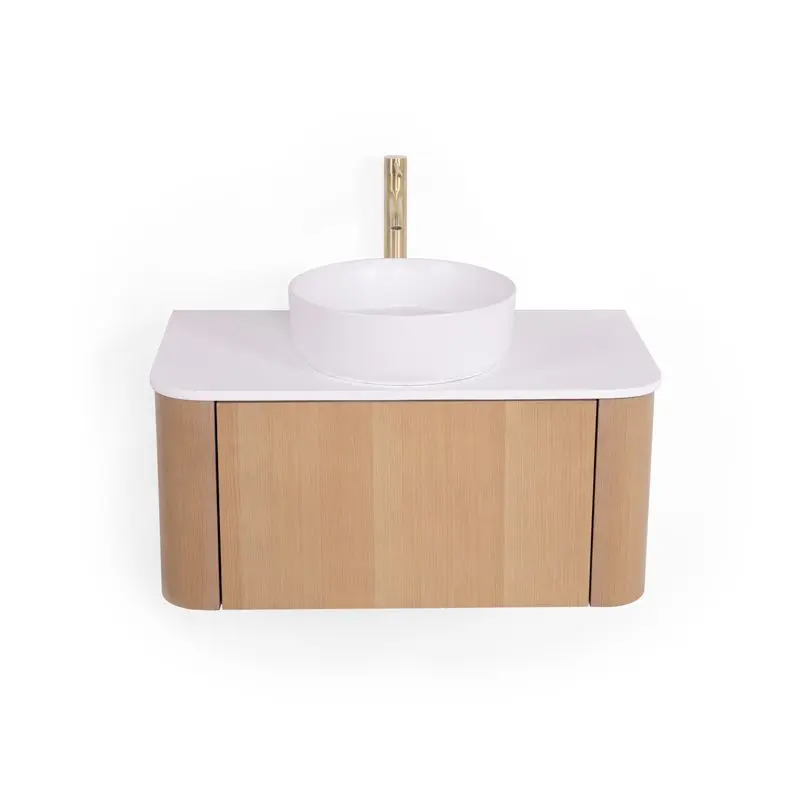 Meuble suspendu 80 cm, placage naturel chêne miel avec plan en résine minérale blanc mat, Anna