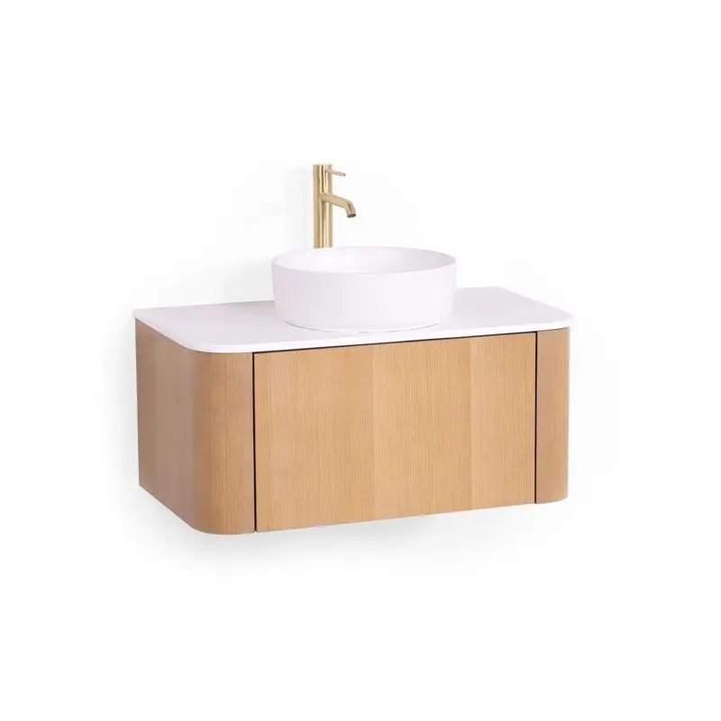 Meuble suspendu 80 cm, placage naturel chêne miel avec plan en résine minérale blanc mat, Anna
