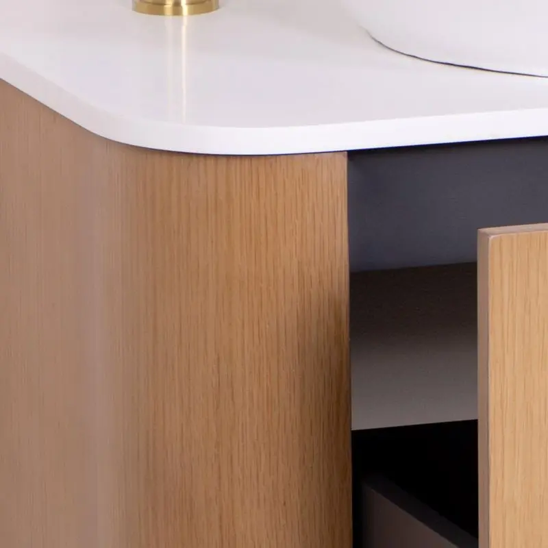Meuble suspendu 80 cm, placage naturel chêne miel avec plan en résine minérale blanc mat, Anna