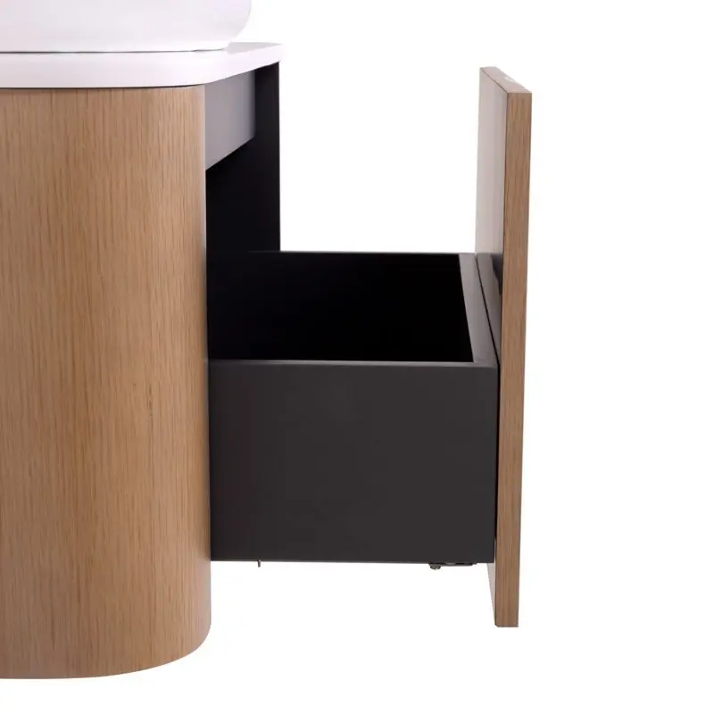 Meuble suspendu 80 cm, placage naturel chêne miel avec plan en résine minérale blanc mat, Anna