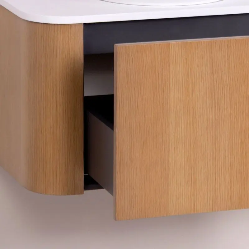 Meuble suspendu 100 cm, placage naturel chêne miel avec plan en résine minérale blanc mat, Anna