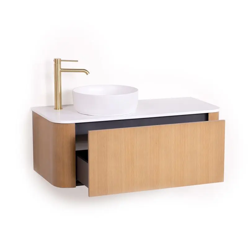 Meuble suspendu 100 cm, placage naturel chêne miel avec plan en résine minérale blanc mat, Anna