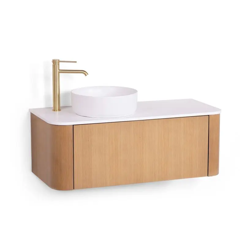 Meuble suspendu 100 cm, placage naturel chêne miel avec plan en résine minérale blanc mat, Anna