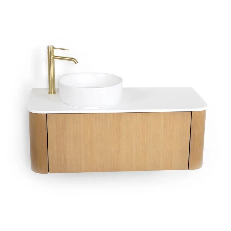 Meuble suspendu 100 cm, placage naturel chêne miel avec plan en résine minérale blanc mat, Anna