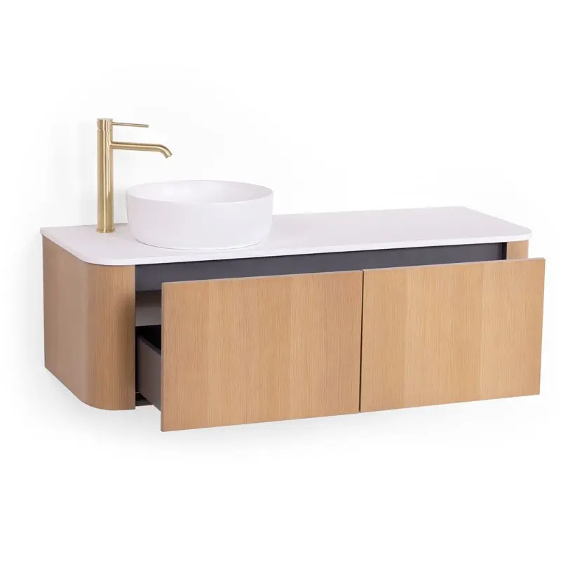 Meuble suspendu 120 cm, placage naturel chêne miel avec plan en résine minérale blanc mat, Anna