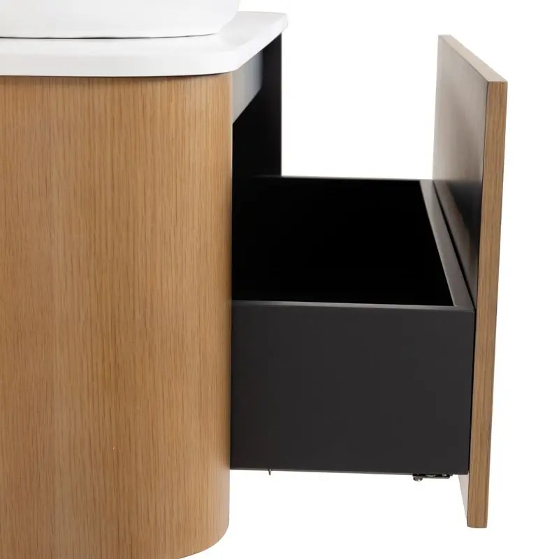 Meuble suspendu 100 cm, placage naturel chêne miel avec plan en résine minérale blanc mat, Anna