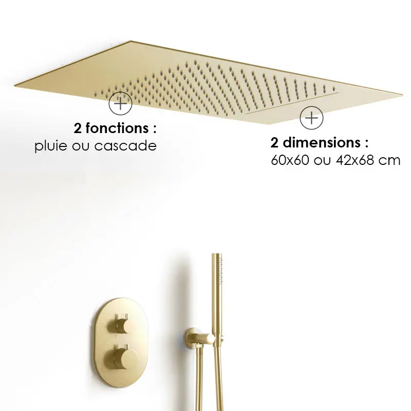 Composition de douche thermostatique avec ciel de pluie encastré doré brossé, Châtelet