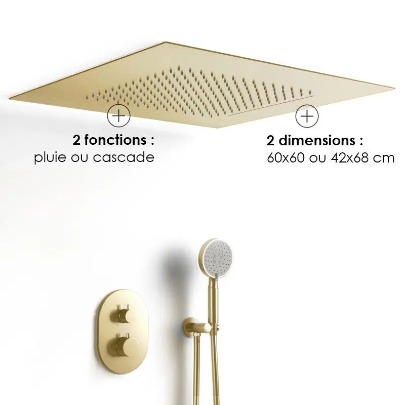 Composition de douche thermostatique avec ciel de pluie encastré doré brossé, Châtelet