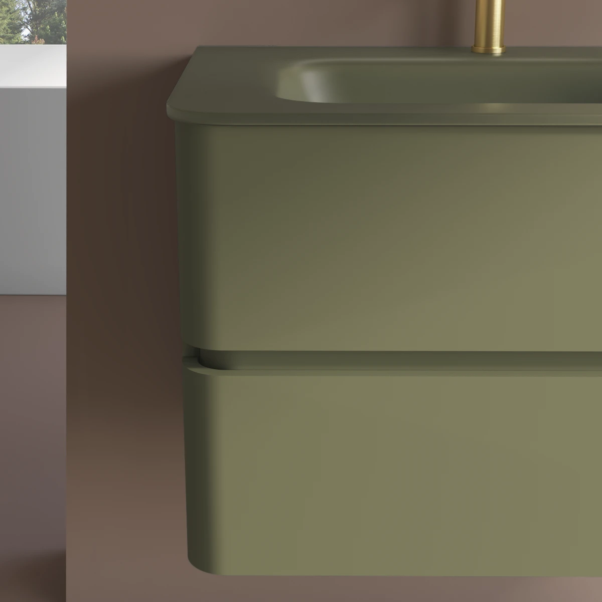 Meuble suspendu vert jonc, 100 cm, avec plan vasque encastré en verre, Sorbonne