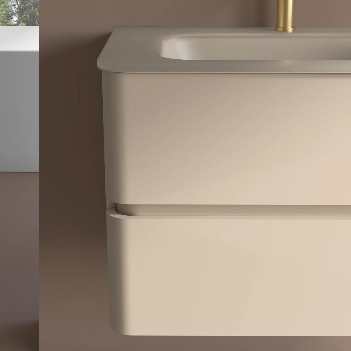 Meuble suspendu beige, 100 cm, avec plan vasque encastré en verre, Sorbonne