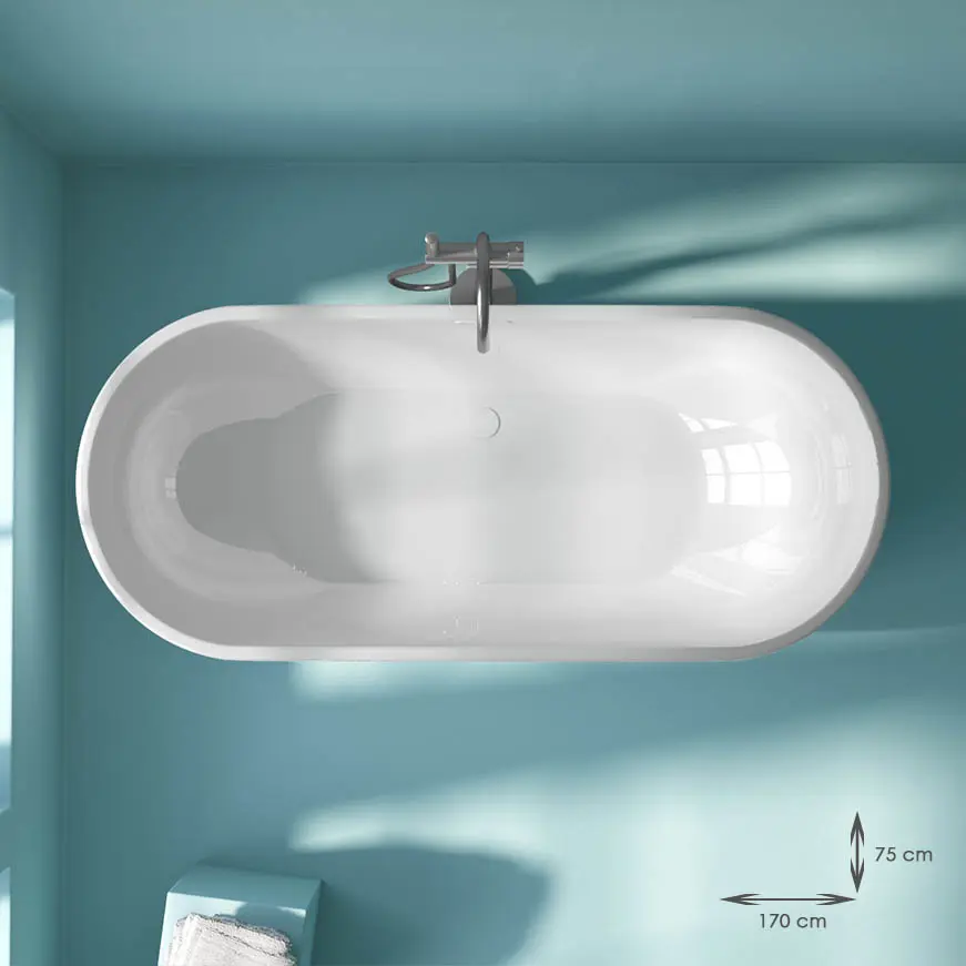 Baignoire îlot ovale, 130 à 180cm, acrylique, bonde blanche et vidage inclus, Calipso
