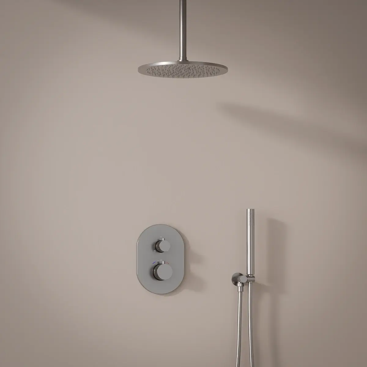 Composition mitigeur de douche thermostatique encastré inox brossé, bras plafond Châtelet 