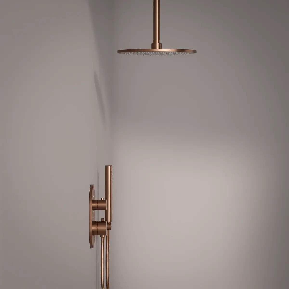 Composition mitigeur de douche thermostatique encastré doré rose PVD, bras plafond, Châtelet