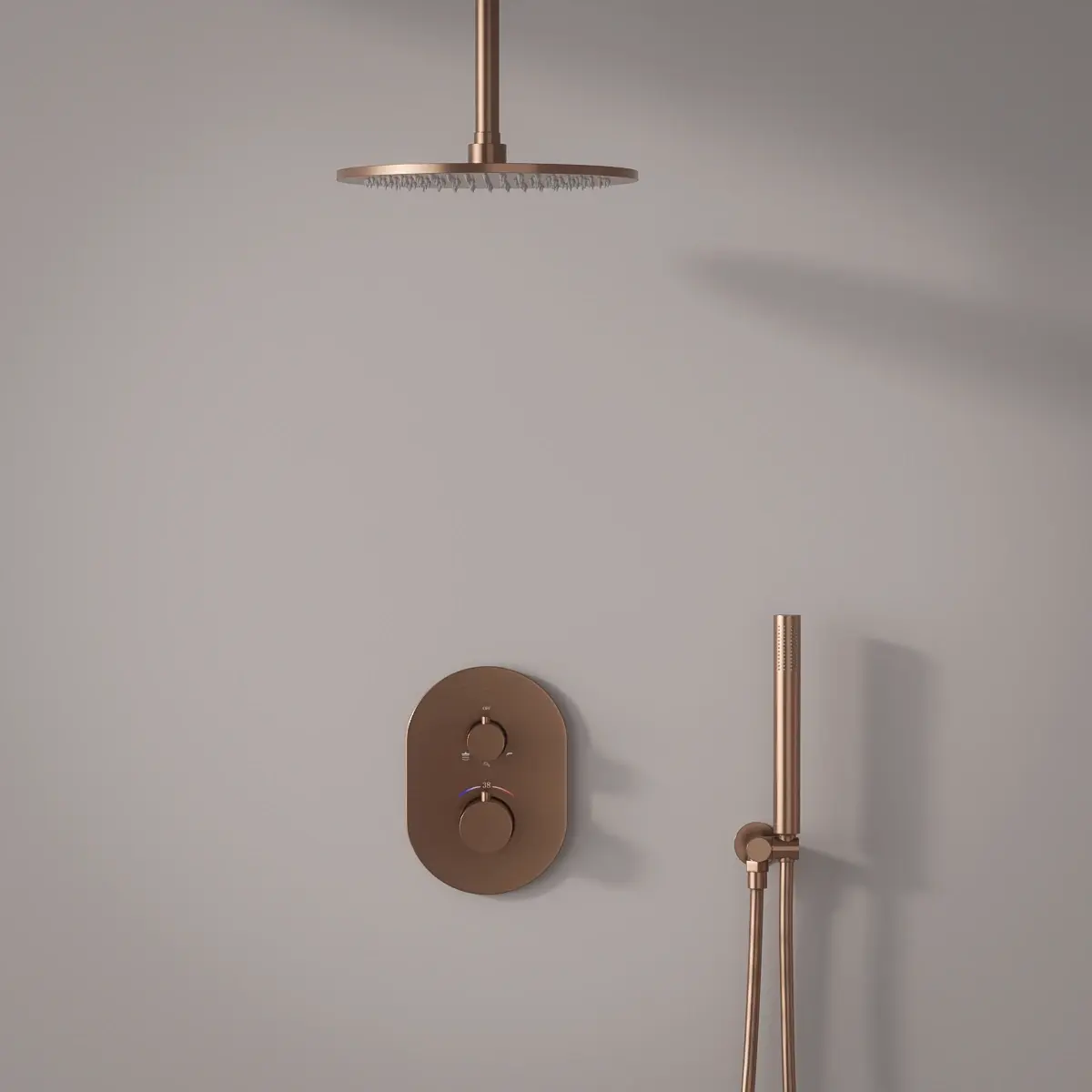 Composition mitigeur de douche thermostatique encastré doré rose PVD, bras plafond, Châtelet