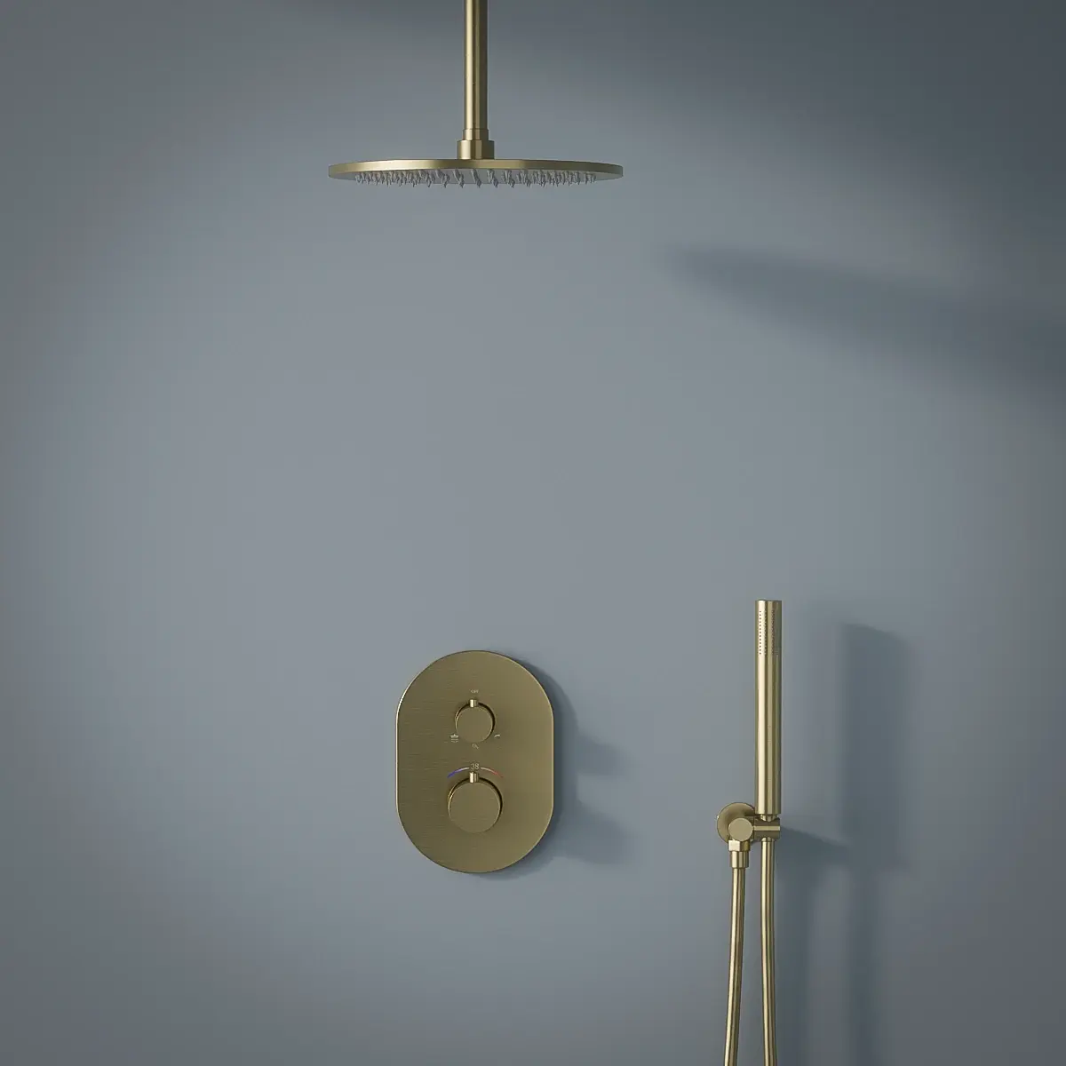 Composition mitigeur de douche thermostatique encastré doré brossé, bras plafond, Châtelet 