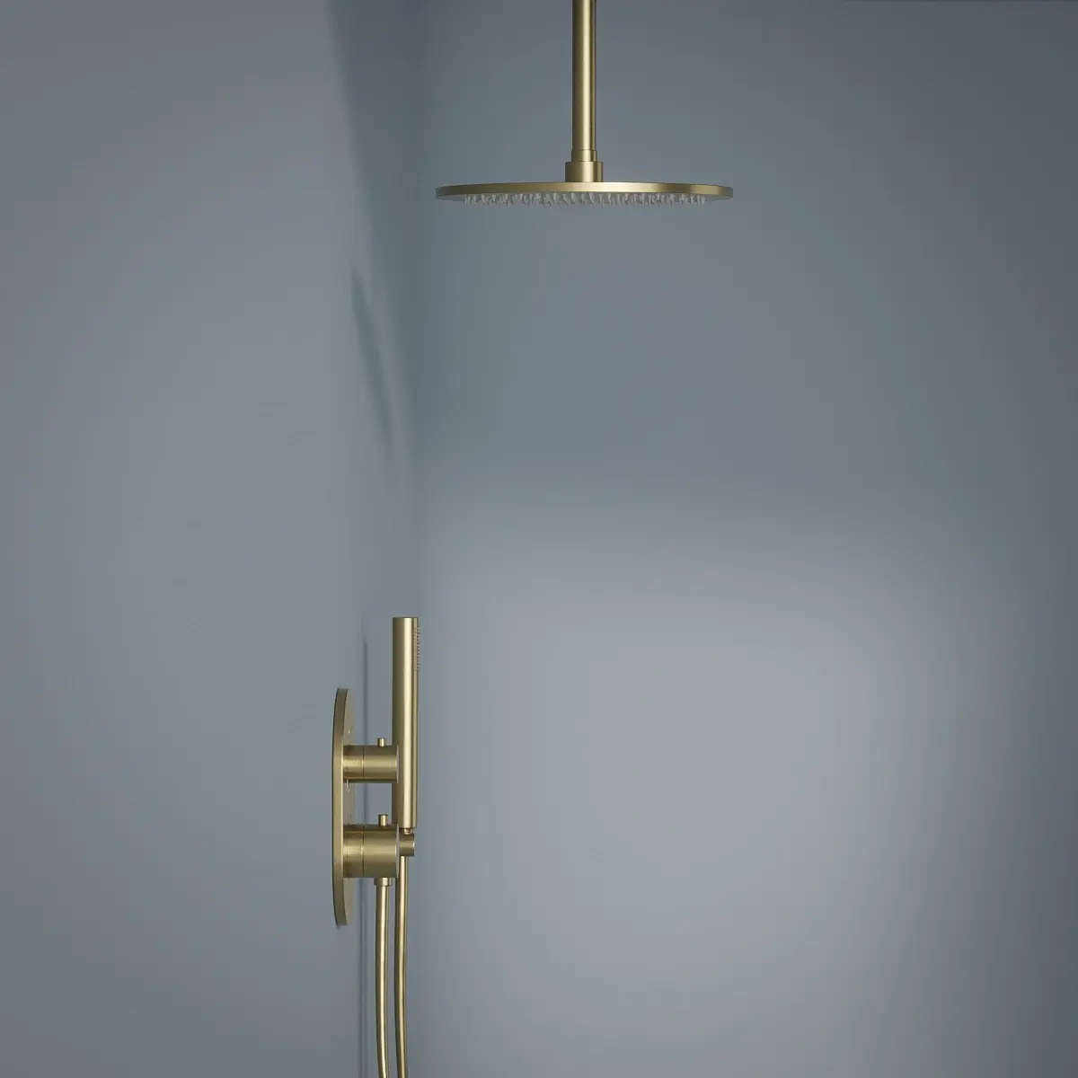 Composition mitigeur de douche thermostatique encastré doré brossé, bras plafond, Châtelet 