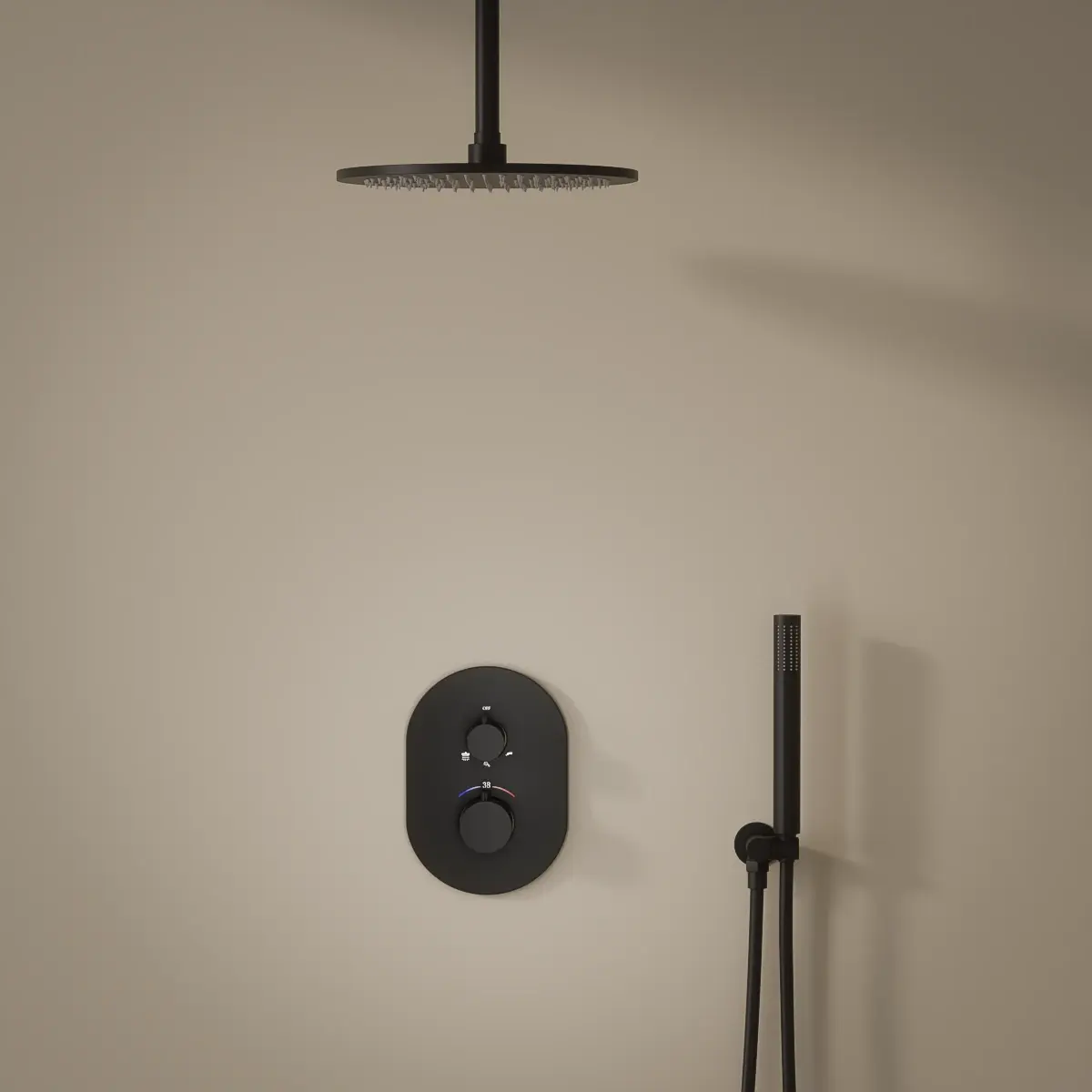 Composition mitigeur de douche thermostatique encastré noir brossé PVD, bras plafond, Châtelet 