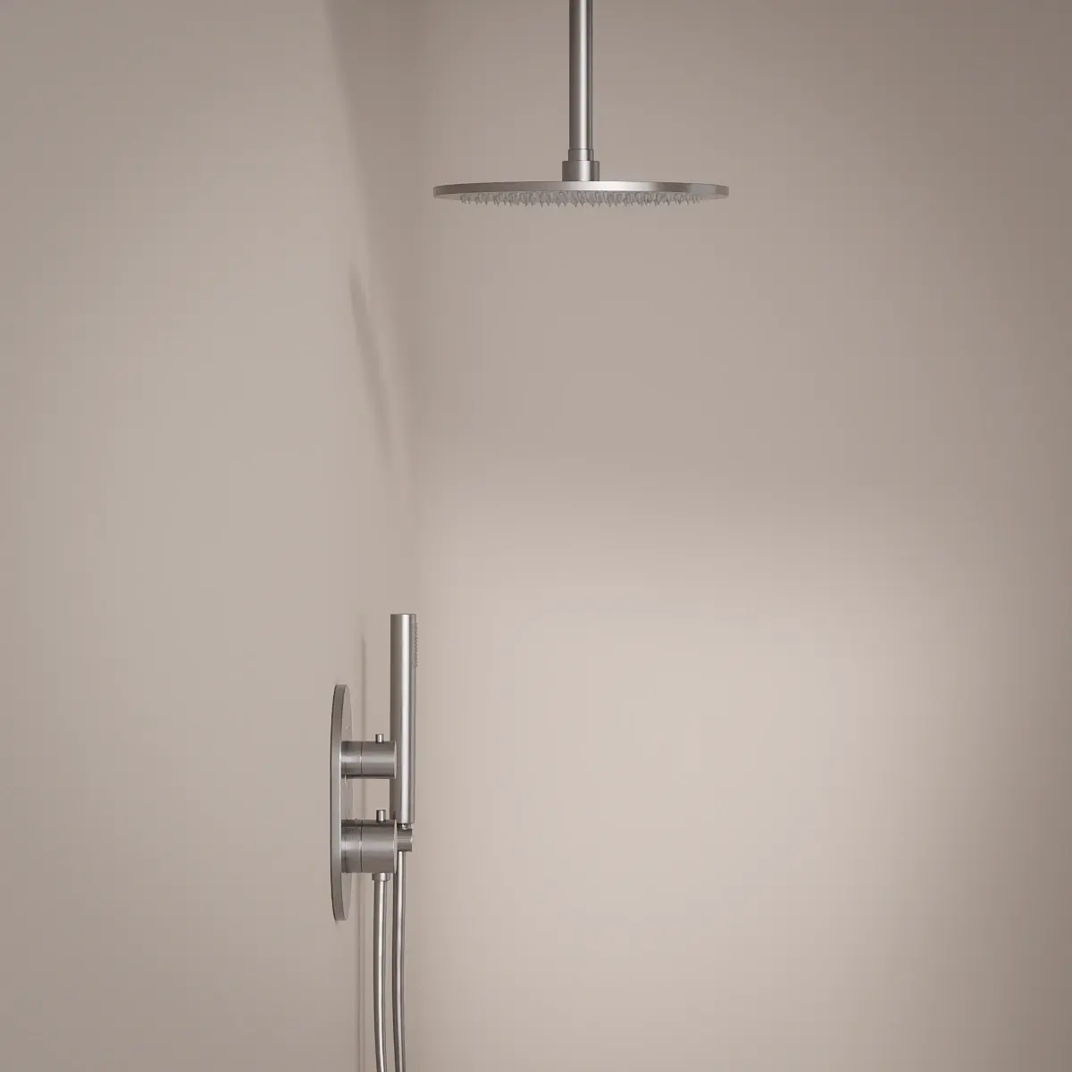 Composition mitigeur de douche thermostatique encastré inox brossé, bras plafond Châtelet 