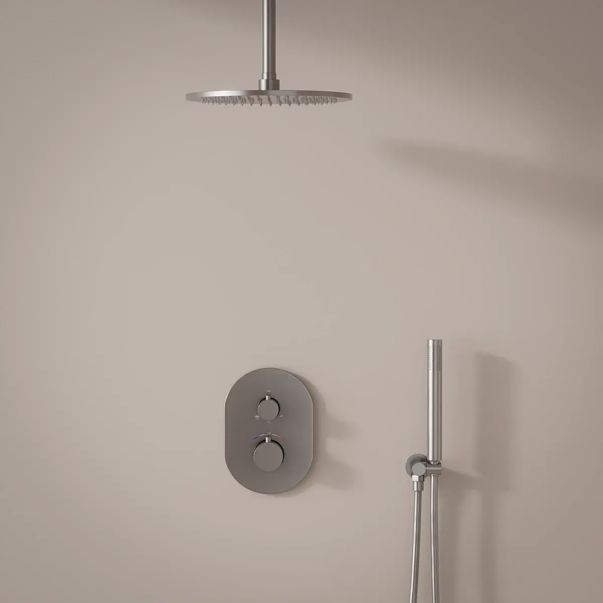 Composition mitigeur de douche thermostatique encastré inox brossé, bras plafond Châtelet 