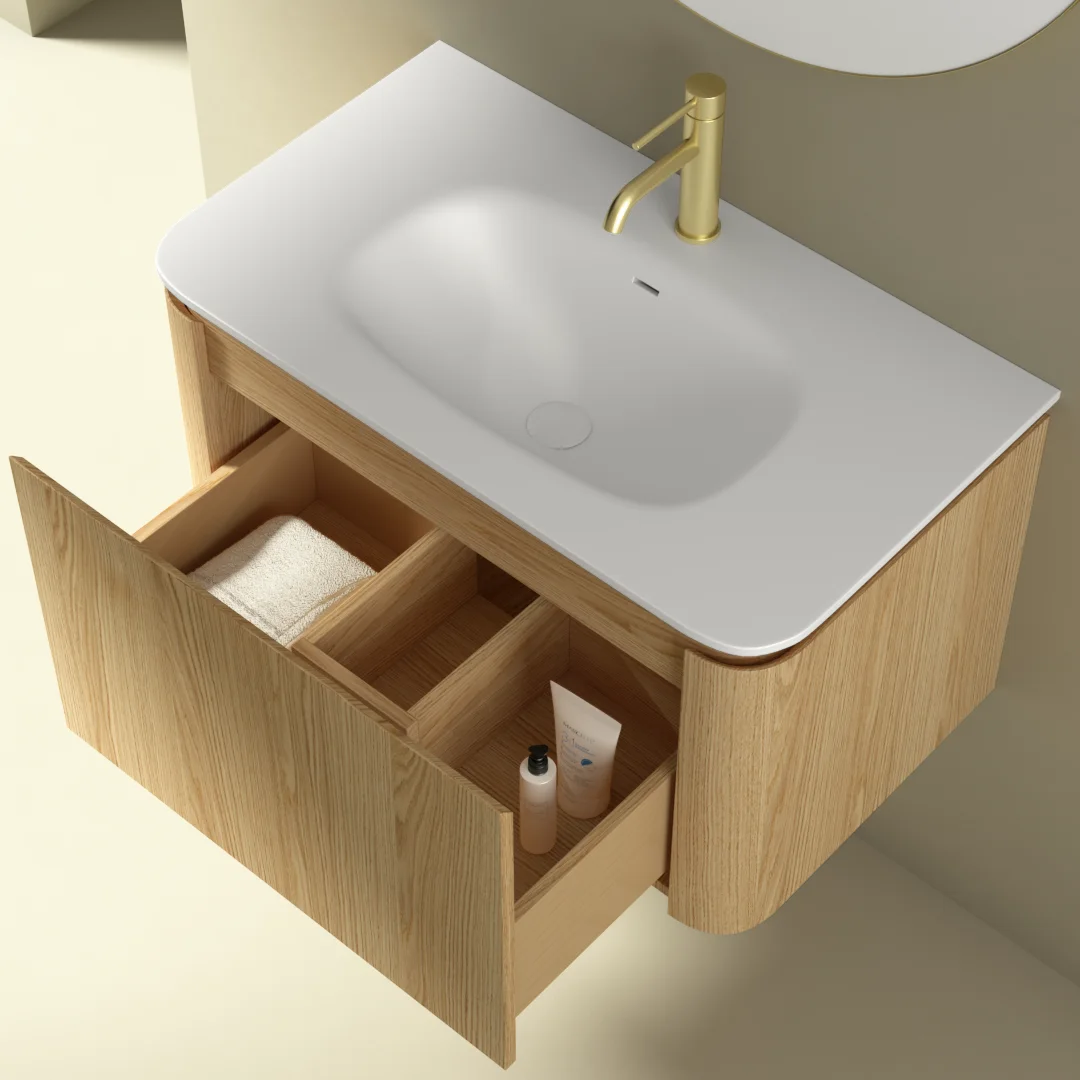 Meuble suspendu 80 cm, placage chêne naturel avec plan vasque en résine minérale blanc mat, Chloé  