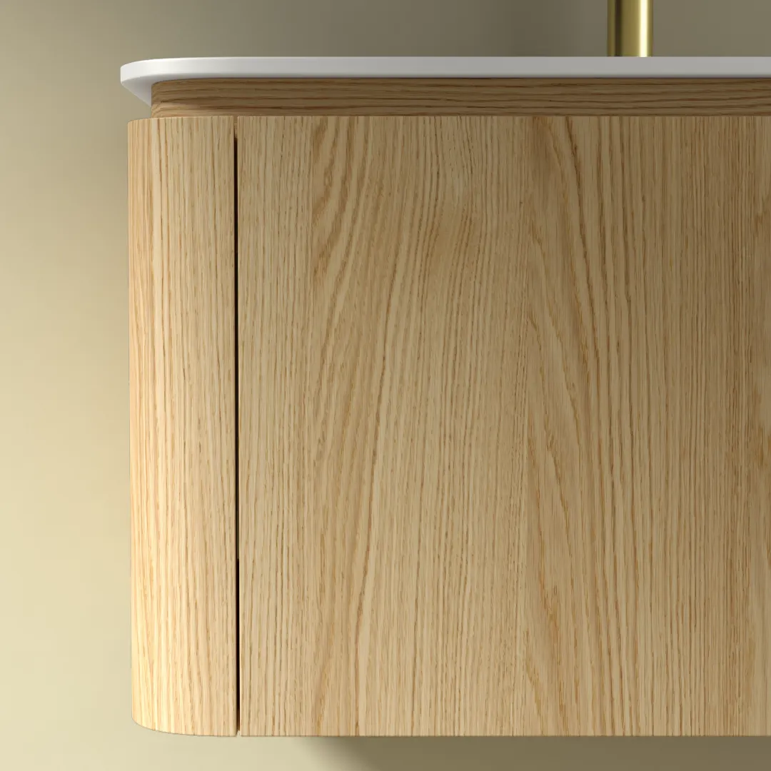 Meuble suspendu 150 cm, placage chêne naturel avec plan vasque en résine minérale blanc mat, Chloé