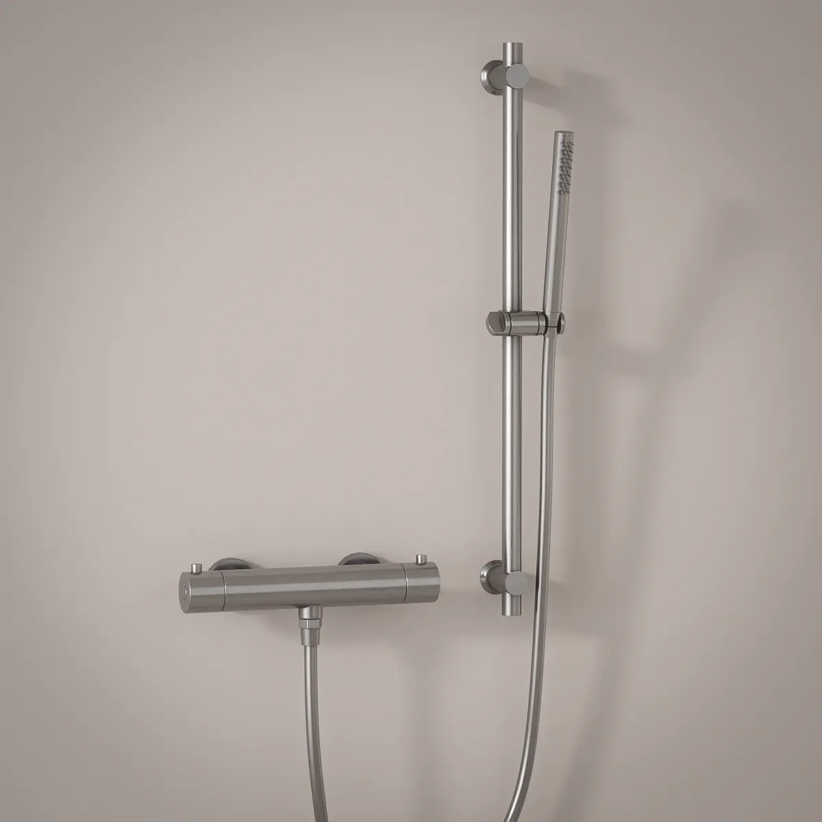 Mitigeur douche Thermostatique externe, barre et douchette tube, Inox brossé, Chatelet 