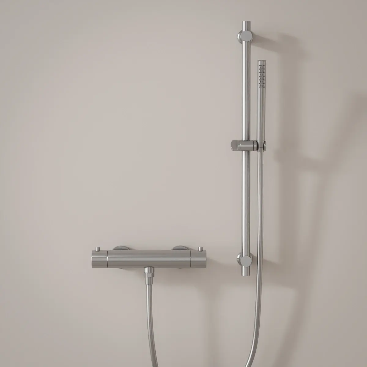 Mitigeur douche Thermostatique externe, barre et douchette tube, Inox brossé, Chatelet 