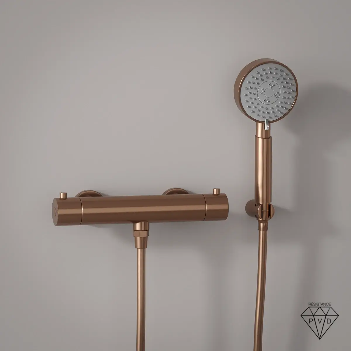 Mitigeur douche Thermostatique externe, support et douchette ronde, Doré Rose brossé, Chatelet