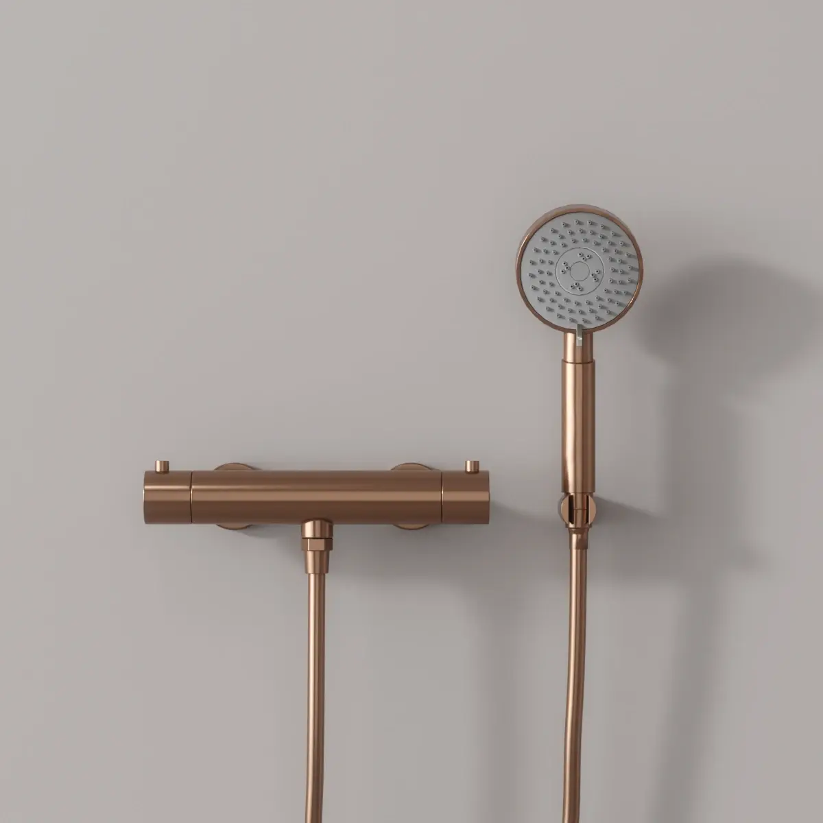 Mitigeur douche Thermostatique externe, support et douchette ronde, Doré Rose brossé, Chatelet