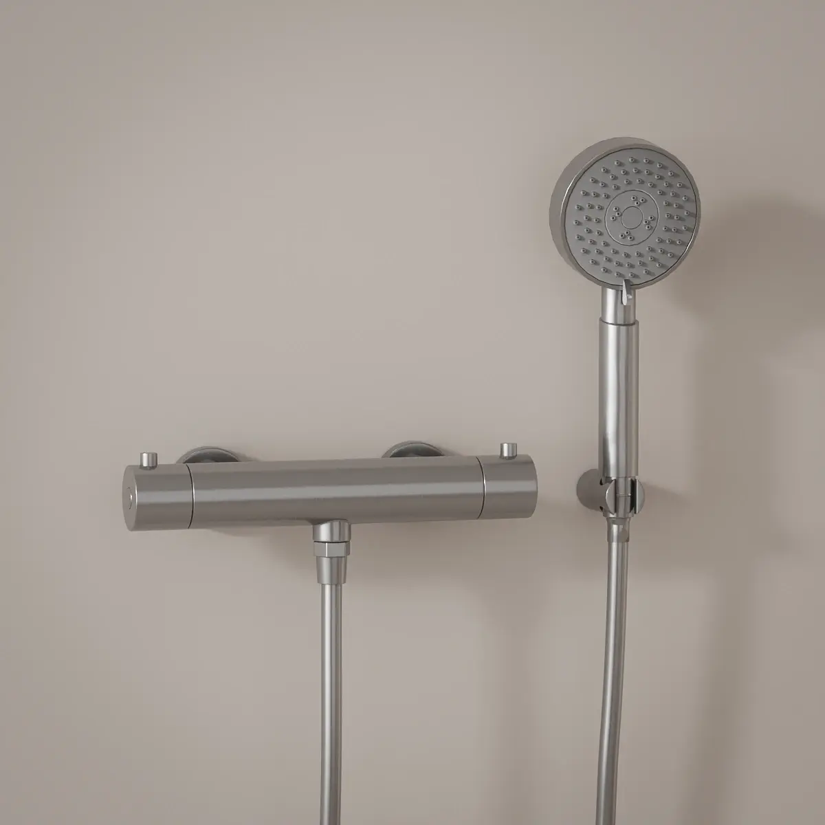 Mitigeur douche Thermostatique externe, support et douchette ronde, inox brossé, Chatelet