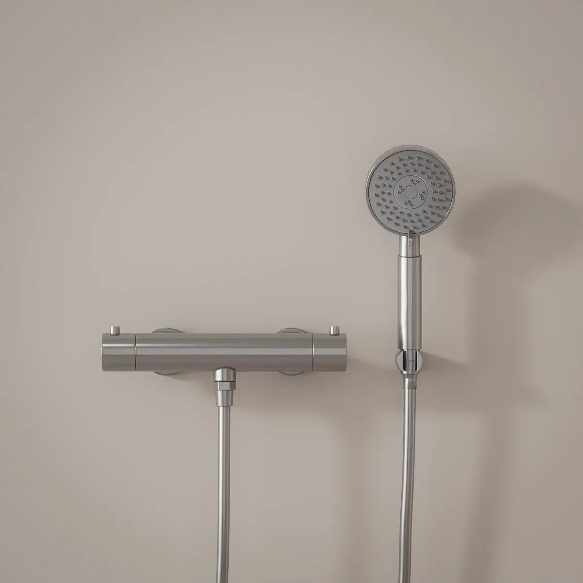 Mitigeur douche Thermostatique externe, support et douchette ronde, inox brossé, Chatelet