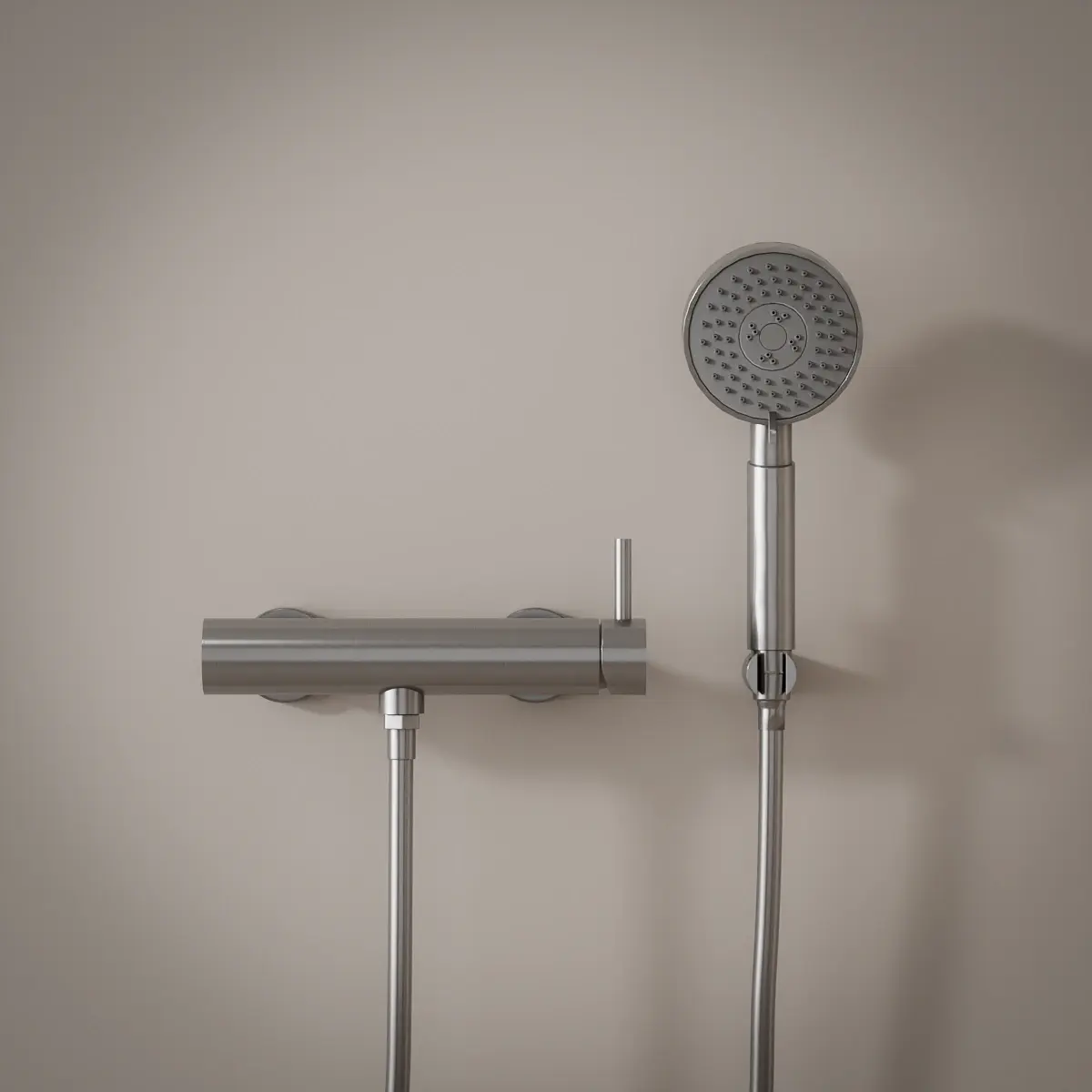Mitigeur douche externe, crochet et douchette ronde, inox brossé, Châtelet