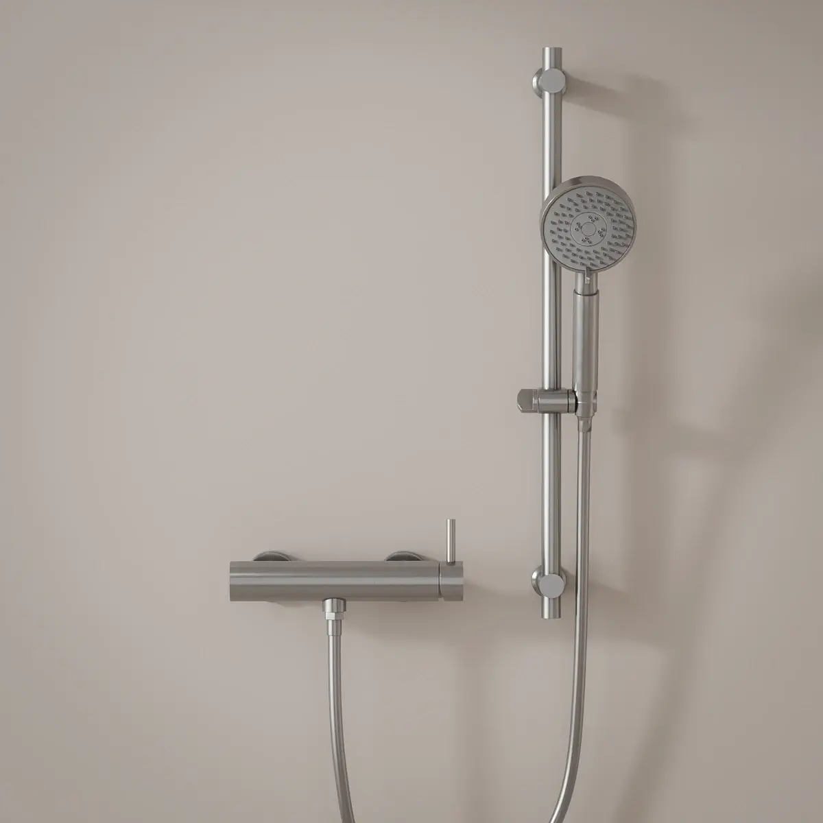 Mitigeur douche externe, barre et douchette ronde, inox brossé, Châtelet 