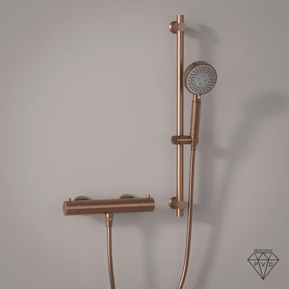Mitigeur douche Thermostatique externe, barre et douchette ronde, Doré Rose brossé, Chatelet