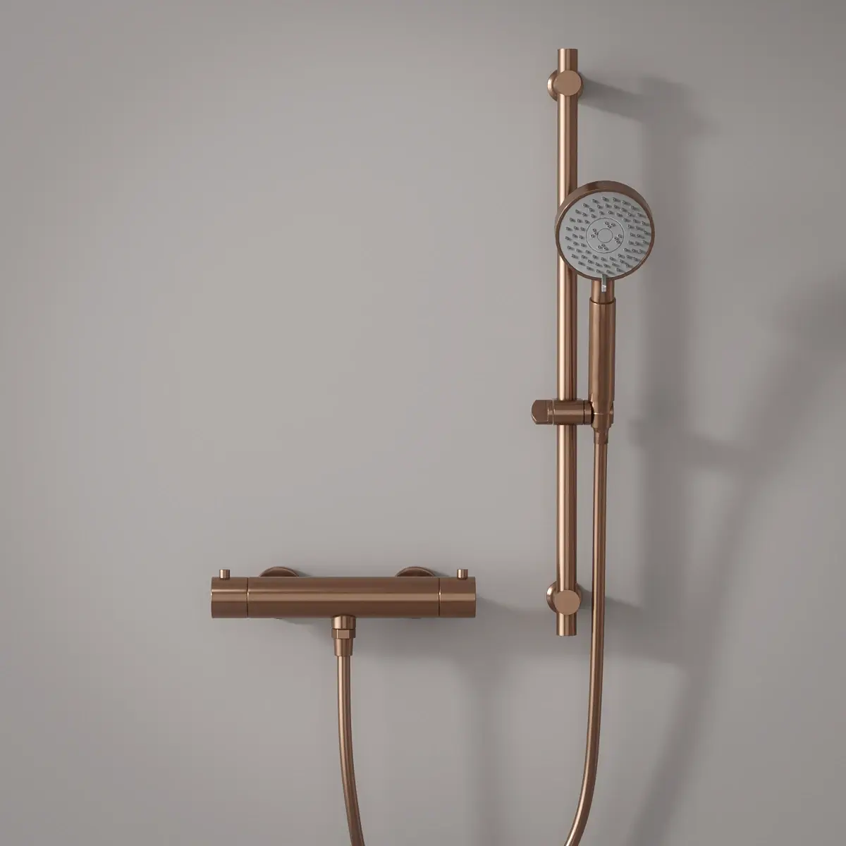 Mitigeur douche Thermostatique externe, barre et douchette ronde, Doré Rose brossé, Chatelet