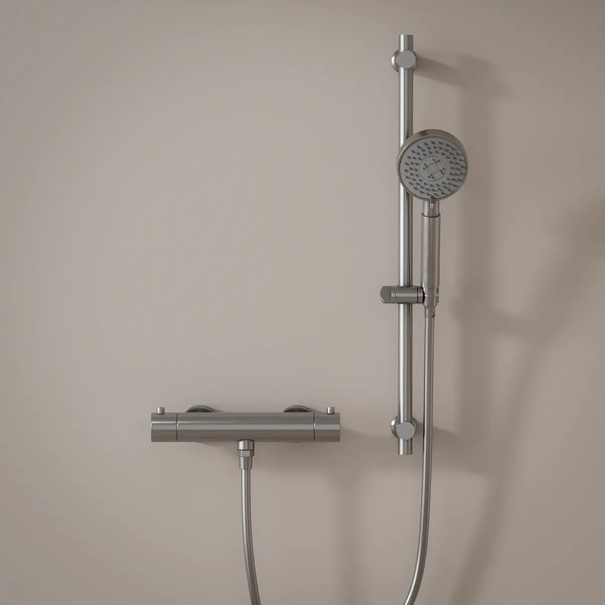 Mitigeur douche Thermostatique externe, barre et douchette ronde, Inox brossé, Chatelet