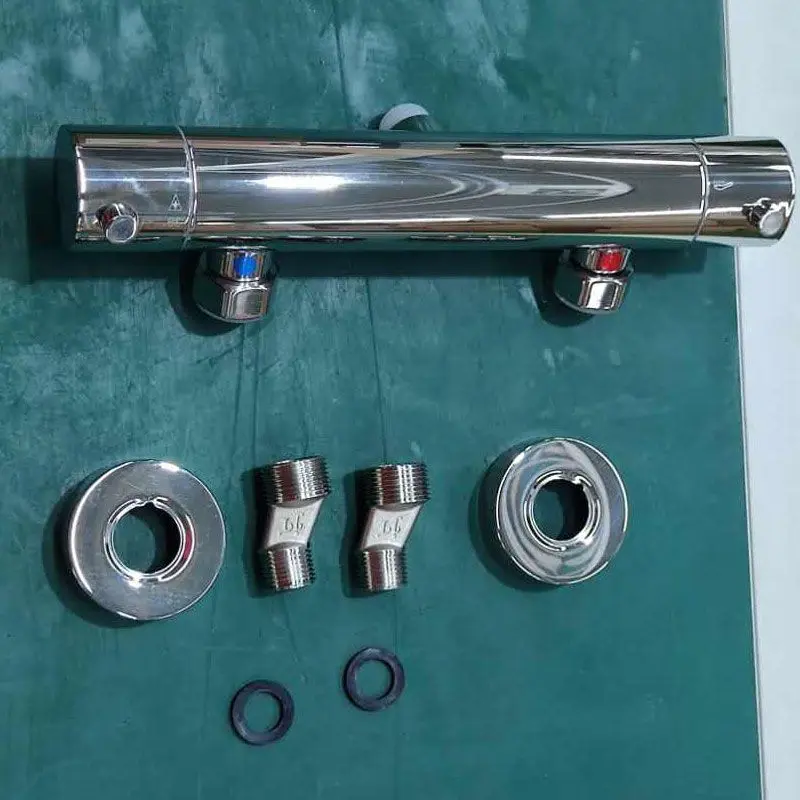 Mitigeur douche Thermostatique externe, barre et douchette ronde, Doré Rose brossé, Chatelet