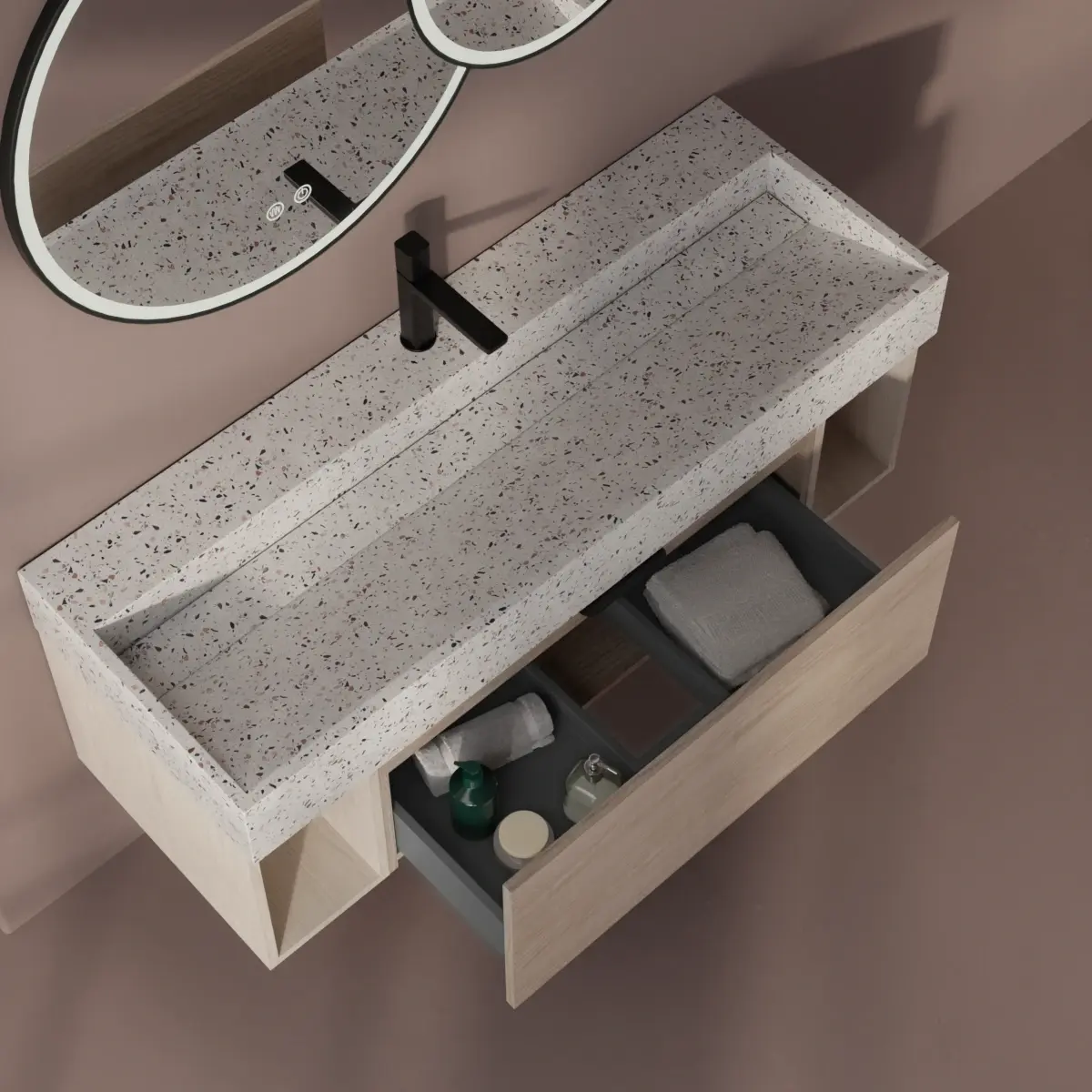 Meuble avec plan vasque Terrazzo, 120 cm, Meuble Fresne clair et Plan Terrazzo white