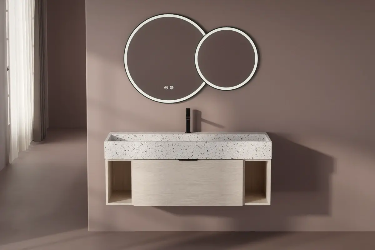 Meuble avec plan vasque Terrazzo, 120 cm, Meuble Fresne clair et Plan Terrazzo white