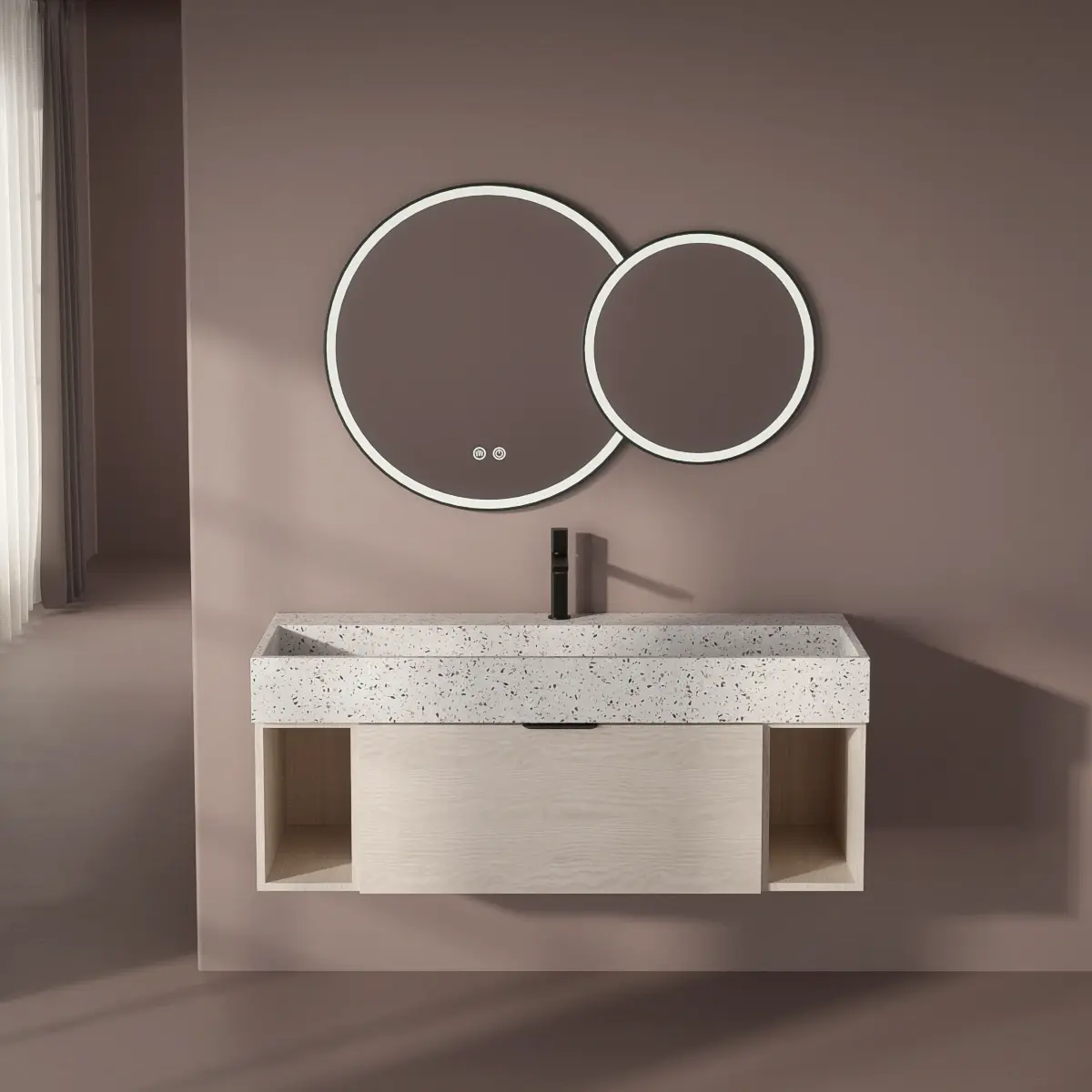 Meuble avec plan vasque Terrazzo, 120 cm, Meuble Fresne clair et Plan Terrazzo white