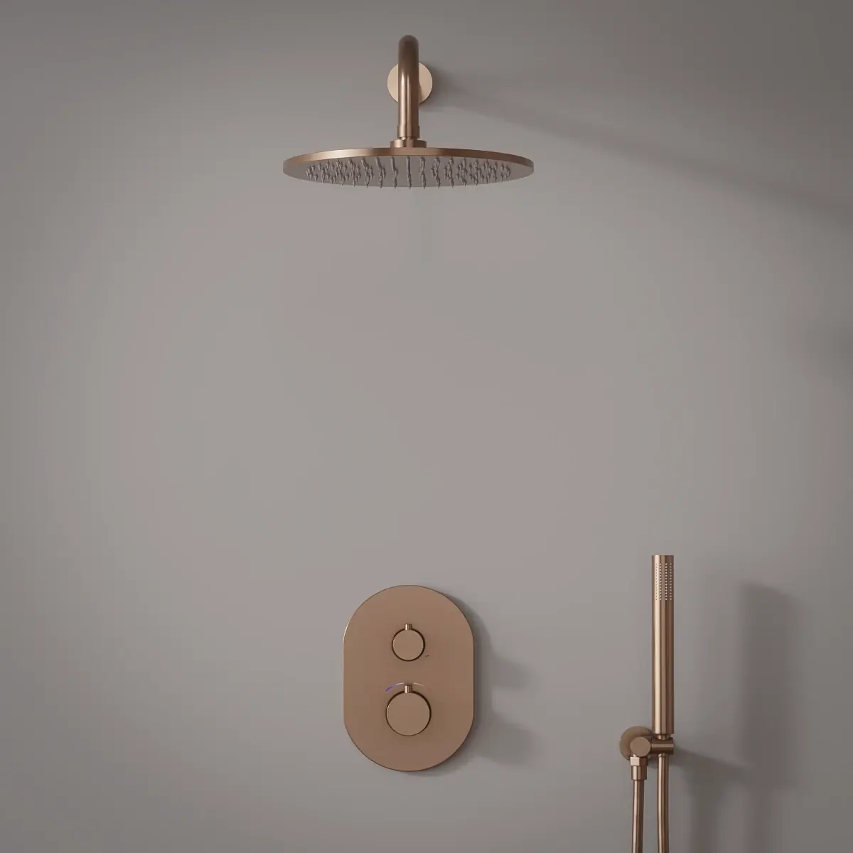 Composition mitigeur de douche thermostatique encastré doré rose PVD, bras mural, Châtelet