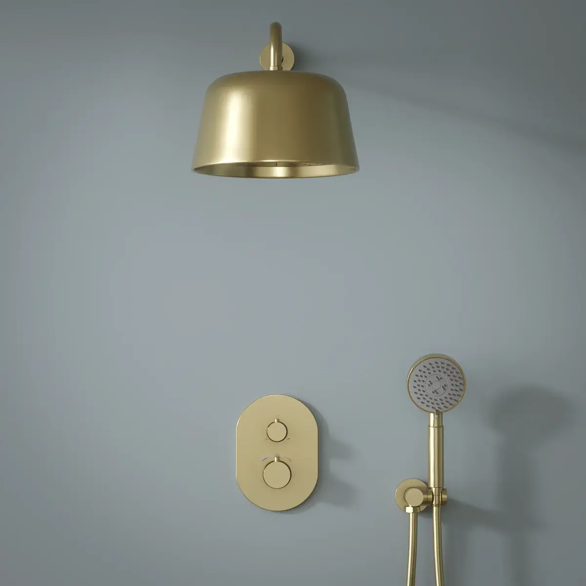 Mitigeur de douche encastrée avec pomme cloche doré brossé, douchette ronde, Châtelet